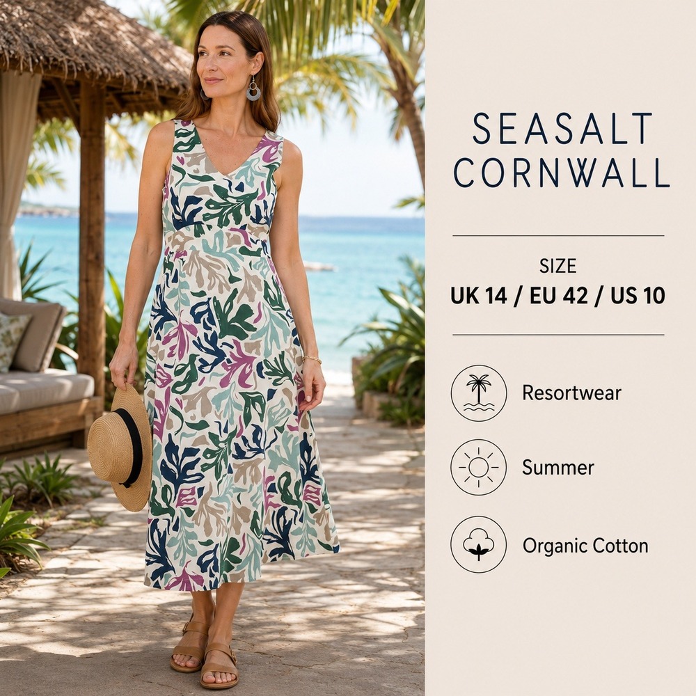 Seasalt Cornwall Dress Womens 10 White Multi Organic‎ Cotton Midi V-Neck Coastal